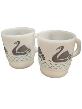 Termocrisa White Swan Ceramic Mugs Set with Teal Wave Accent
